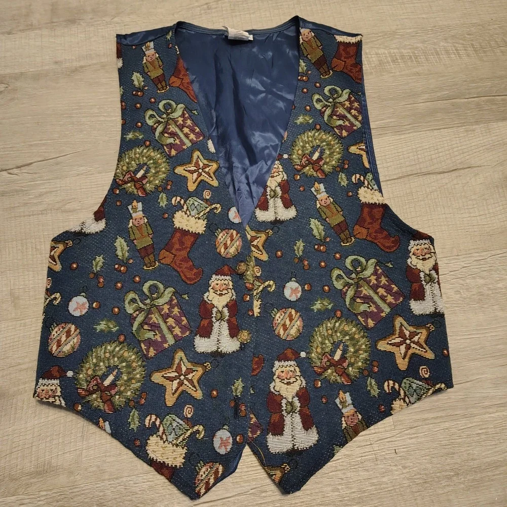 Backroad Blues Vintage Christmas Tapestry‎ Vest Santa Nutcracker Navy Large USA